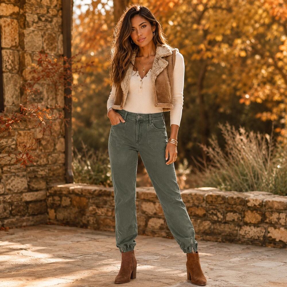 Utility Chic PAIGE Mayslie Jogger Vintage Green Ankle Zip Pants Elevated Casual